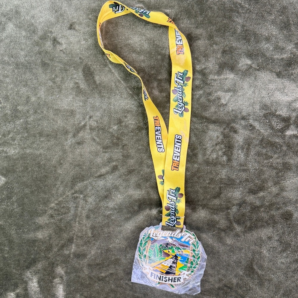 Legends Tri Finisher Medal Tri Events Yellow Lanyard Mountain Enamel Award 4.5oz
